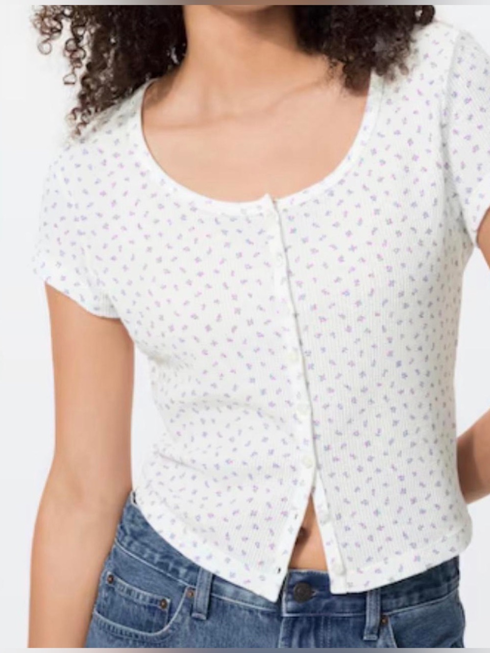Uniqlo White Ribbed Short-Sleeve Floral Tee, Size XS